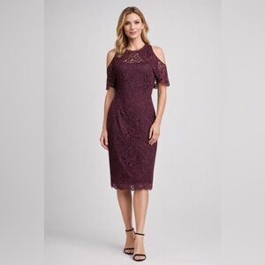 White House Black Market Cabernet Lace Cold Shoulder Midi Cocktail Dress Size 12